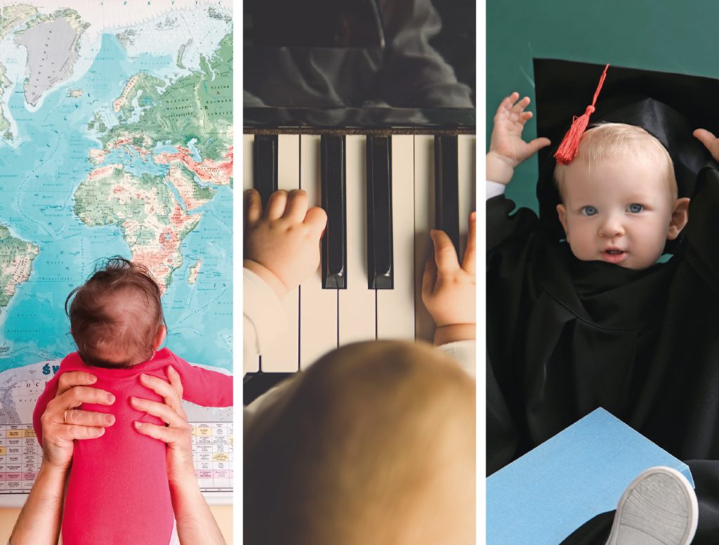 Symbolfotos: Baby vor Weltkarte, Kleinkind am Klavier, Kleinkind mit Doktorhut und schwarzer Robe